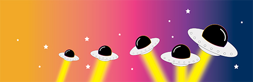 a line of flying saucers in the starry sky