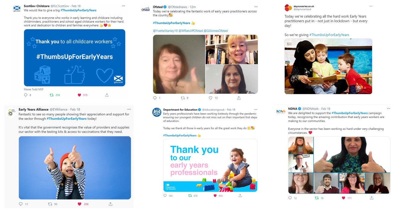 An amalgamation of shared social media posts sharing the Thumbs Up for Early Years campaign