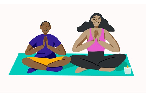An illustration of two teenagers doing yoga