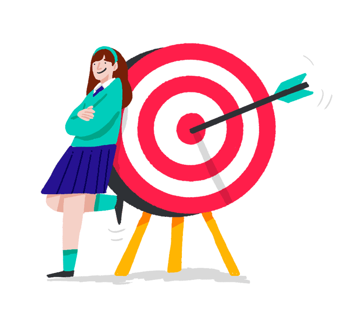 An illustration of a schoolgirl leaning against a target board. There is an arrow in the bullseye.