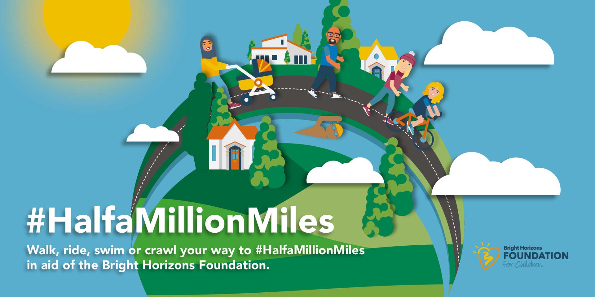 An illustration of a globe with various people either walking, cycling or swimming. Text on the image says "#HalfaMillionMiles - Walk, ride, swim or crawl your way to #HalfaMillionMiles in aid of the Bright Horizons Foundation."