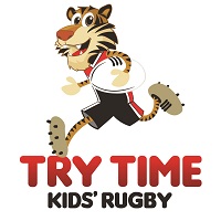 Try Time Kids Rugby logo of a tiger running with a rugby ball under his arm