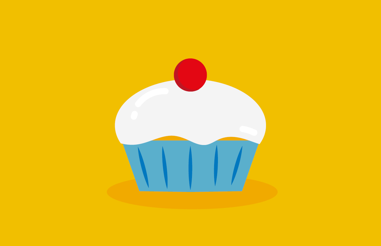 An illustration of a cherry-topped cupcake with white icing